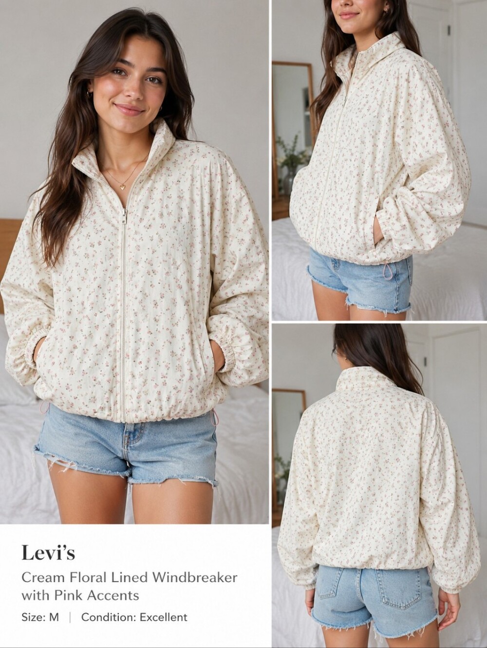 Levi's Cream Floral Lined Windbreaker with Pink Accents